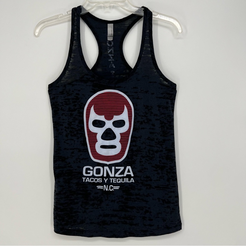 Womens Tank Top XS Racerback Black Gonza Tacos Y Tequila N.C. Burnout Semi-Sheer